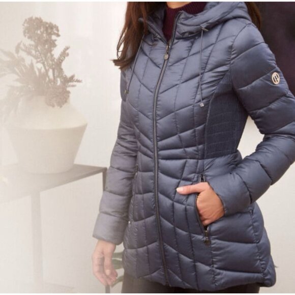 BERNARDO Ladies' Blue Hooded EcoPlume Packable Quilted Puffer Winter Coat Size M - Picture 2 of 14